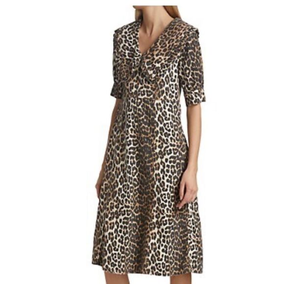 Ganni Leopard Print Midi Denim Dress 38 - Picture 2 of 13